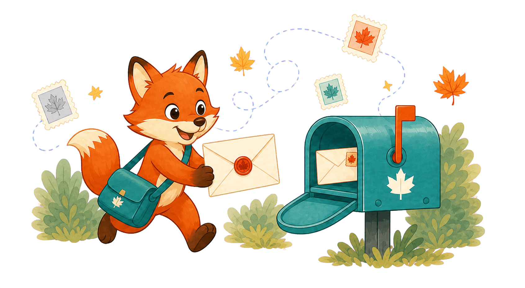 A friendly fox carrying a letter toward a teal mailbox